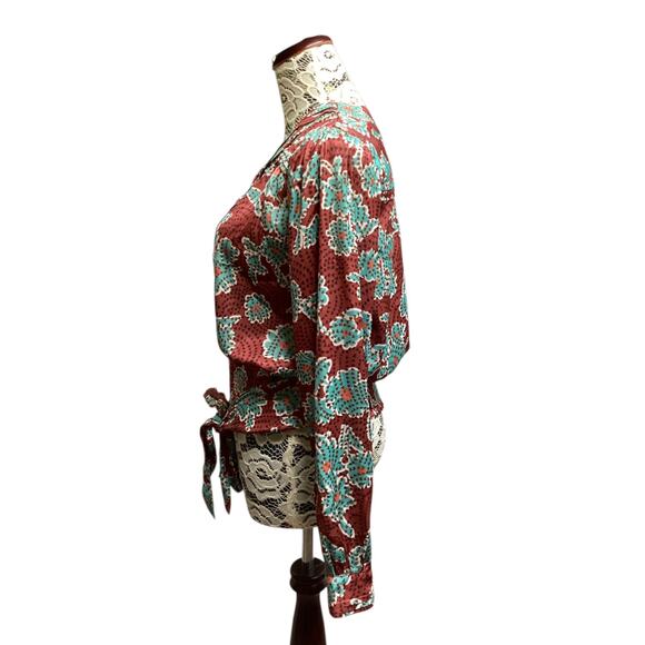 Anthropologie printed long sleeve front tie elastic back V-neck blouse size M - Picture 2 of 8